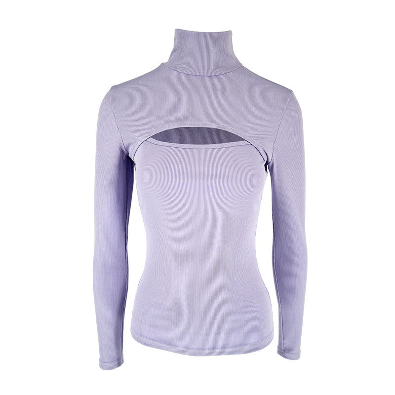 Ribbed Mock Neck Top with Long Sleeves and Bust Cut-Out