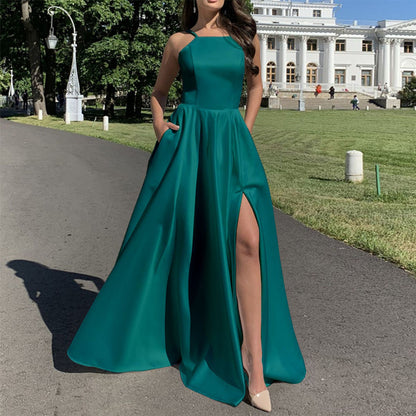 Solid A-Line Maxi Dress with Square Neck and High Slit