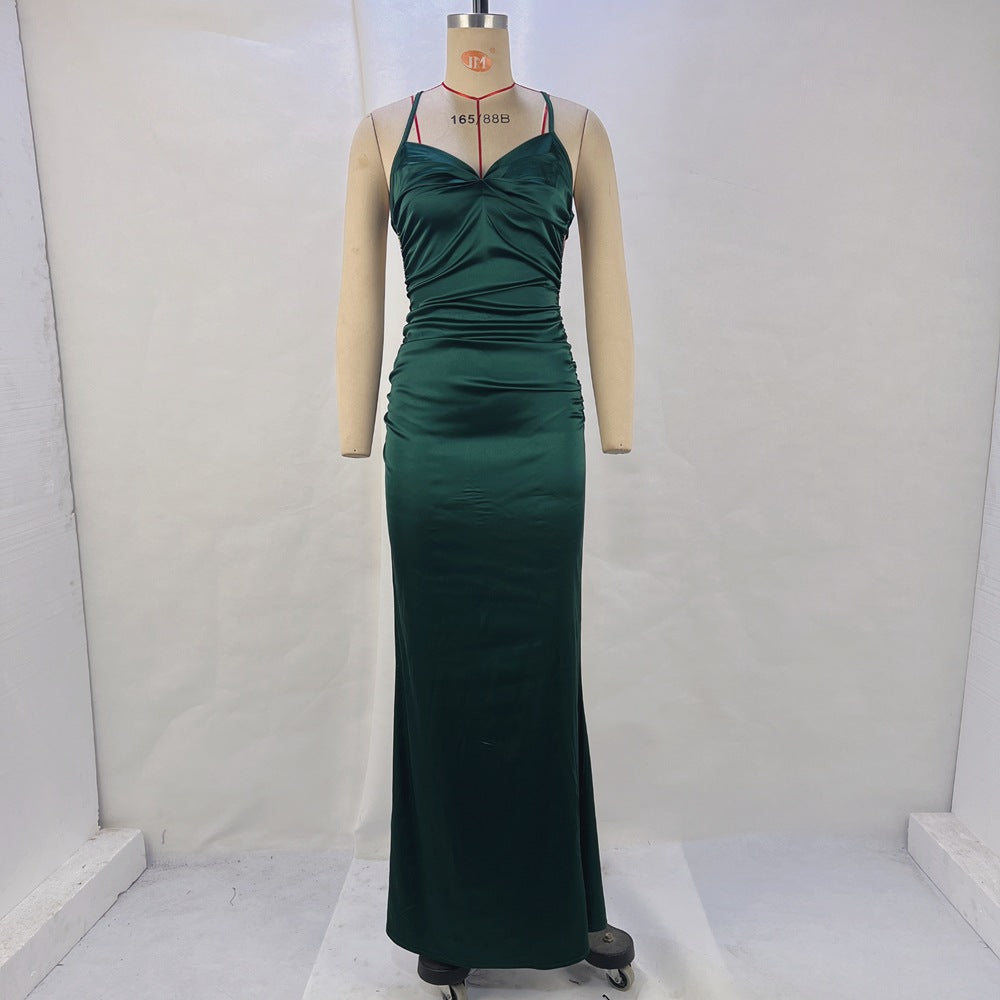 Bodycon Maxi Dress with Ruched V-Neck and Backless Detail