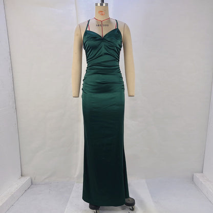 Bodycon Maxi Dress with Ruched V-Neck and Backless Detail