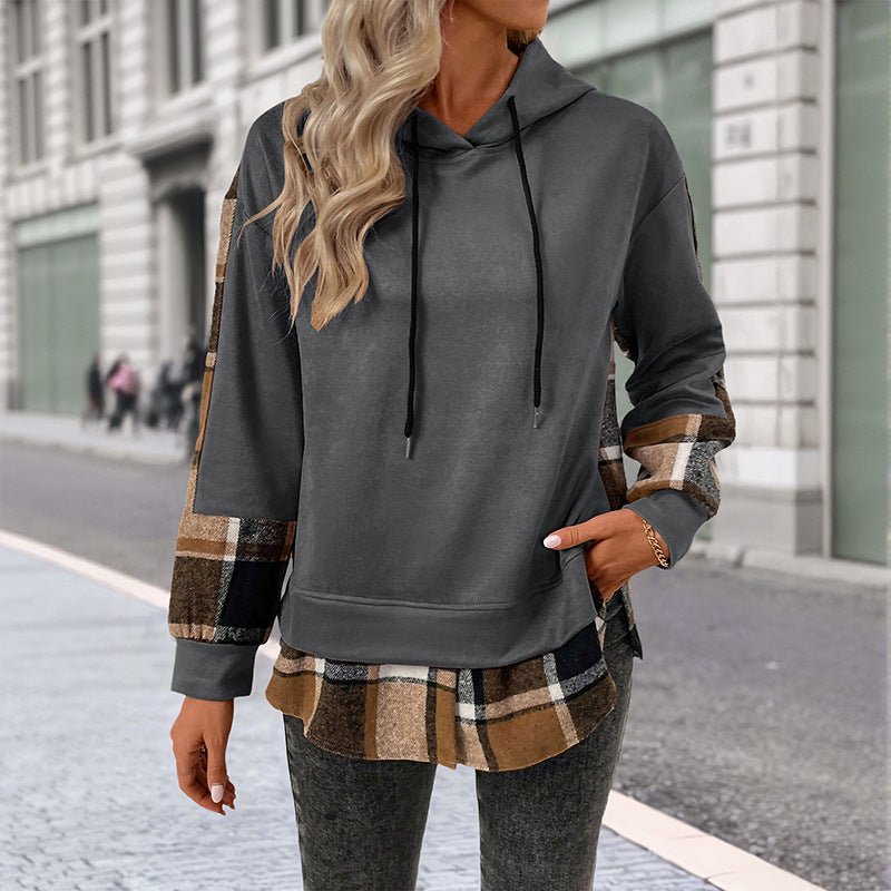 Plaid Patchwork Pullover Hoodie with Faux Layered Hem