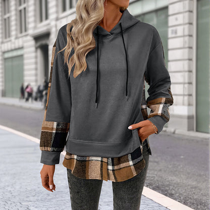 Plaid Patchwork Pullover Hoodie with Faux Layered Hem