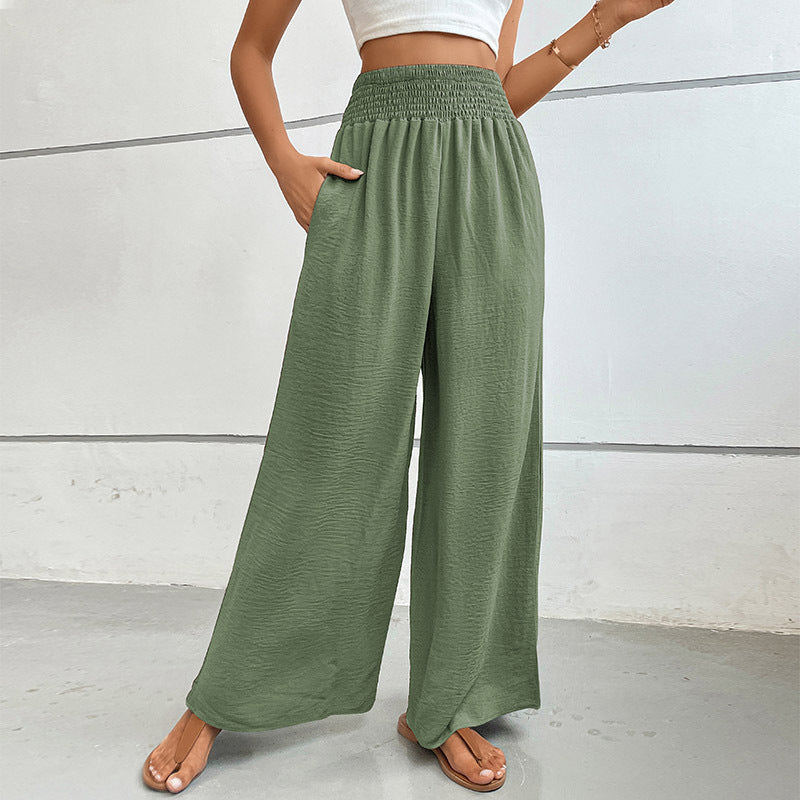 Casual Wide-Leg Trousers with High Smocked Waist