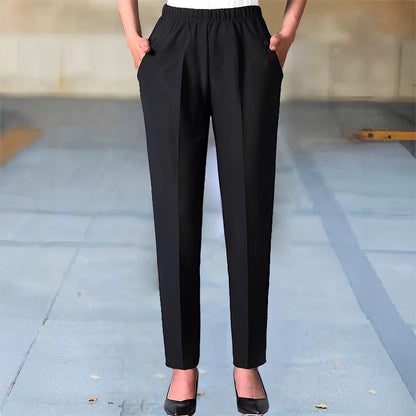 High-Waist Slim-Leg Trousers with Elastic Waistband and Buttons