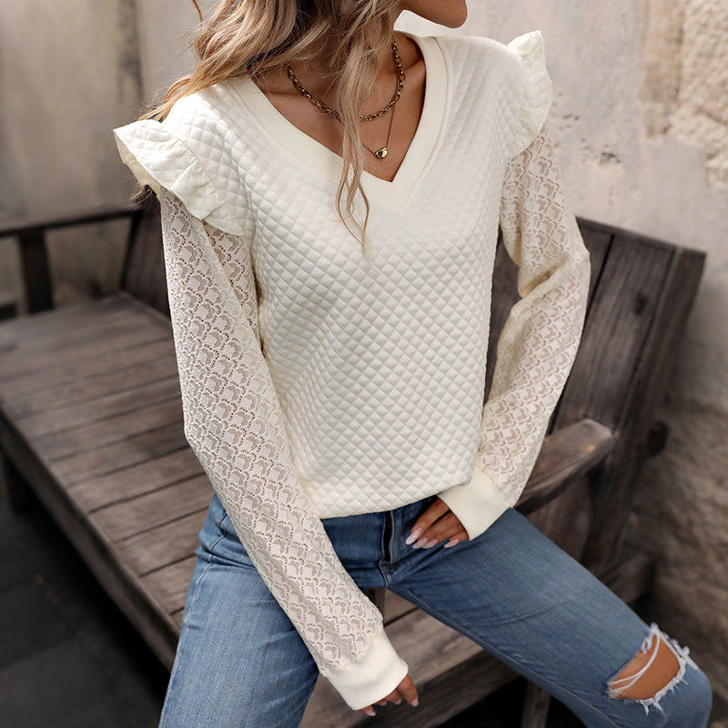 Quilted V-Neck Sweatshirt with Lace Sleeves and Ruffled Shoulders