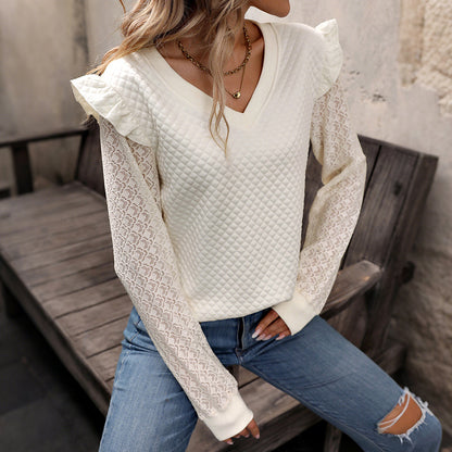 Quilted V-Neck Sweatshirt with Lace Sleeves and Ruffled Shoulders