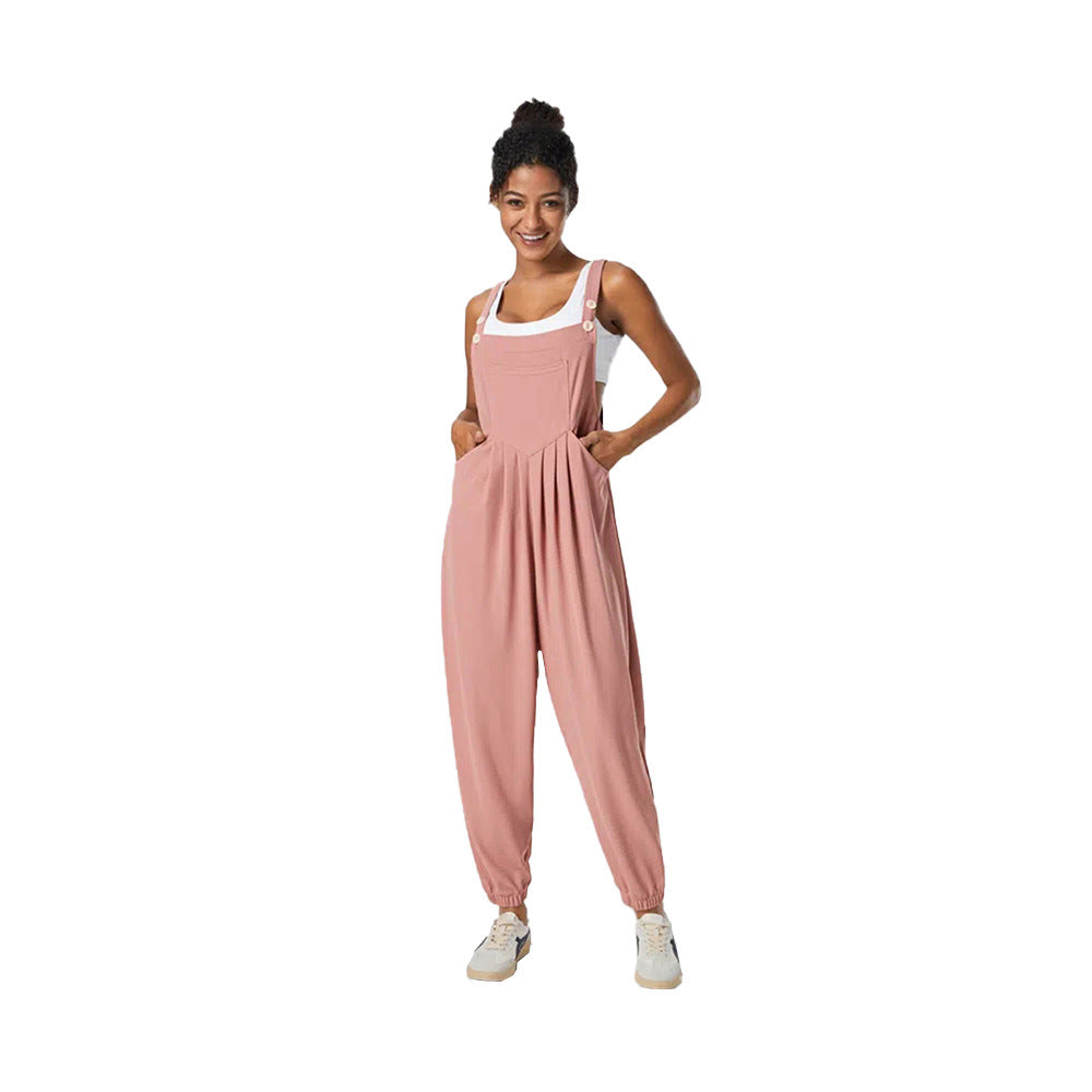 Pleated Bib Overalls with Button Straps and Elastic Cuffs