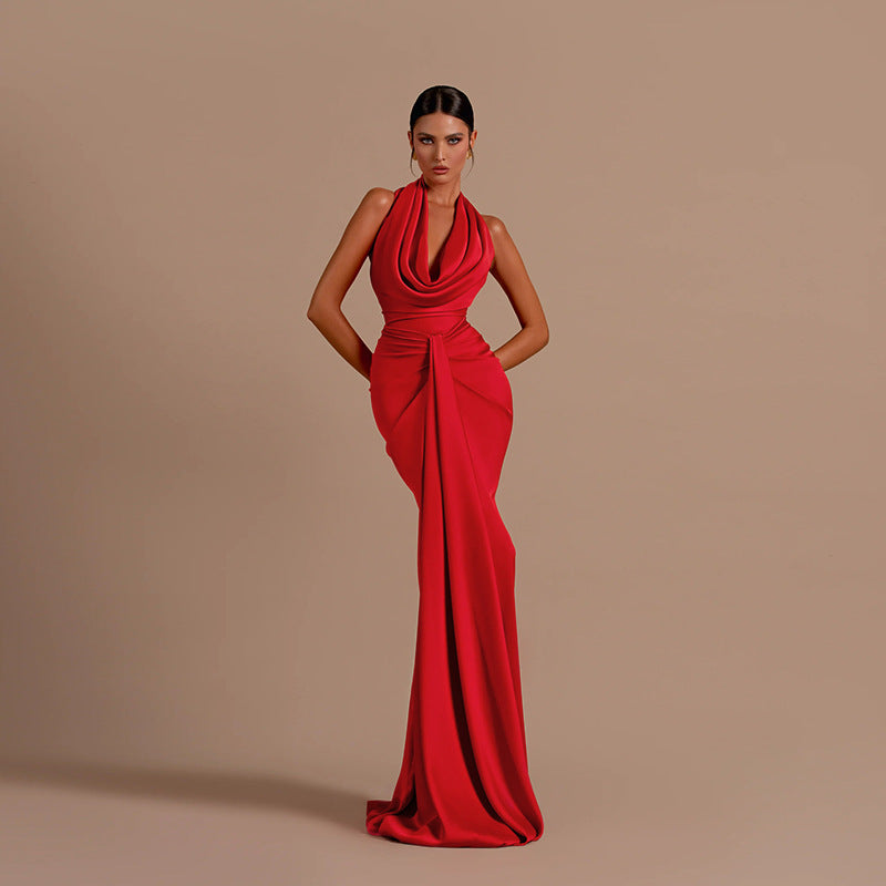 Backless Halter Neck A-Line Long Dress Solid Color Polyester
