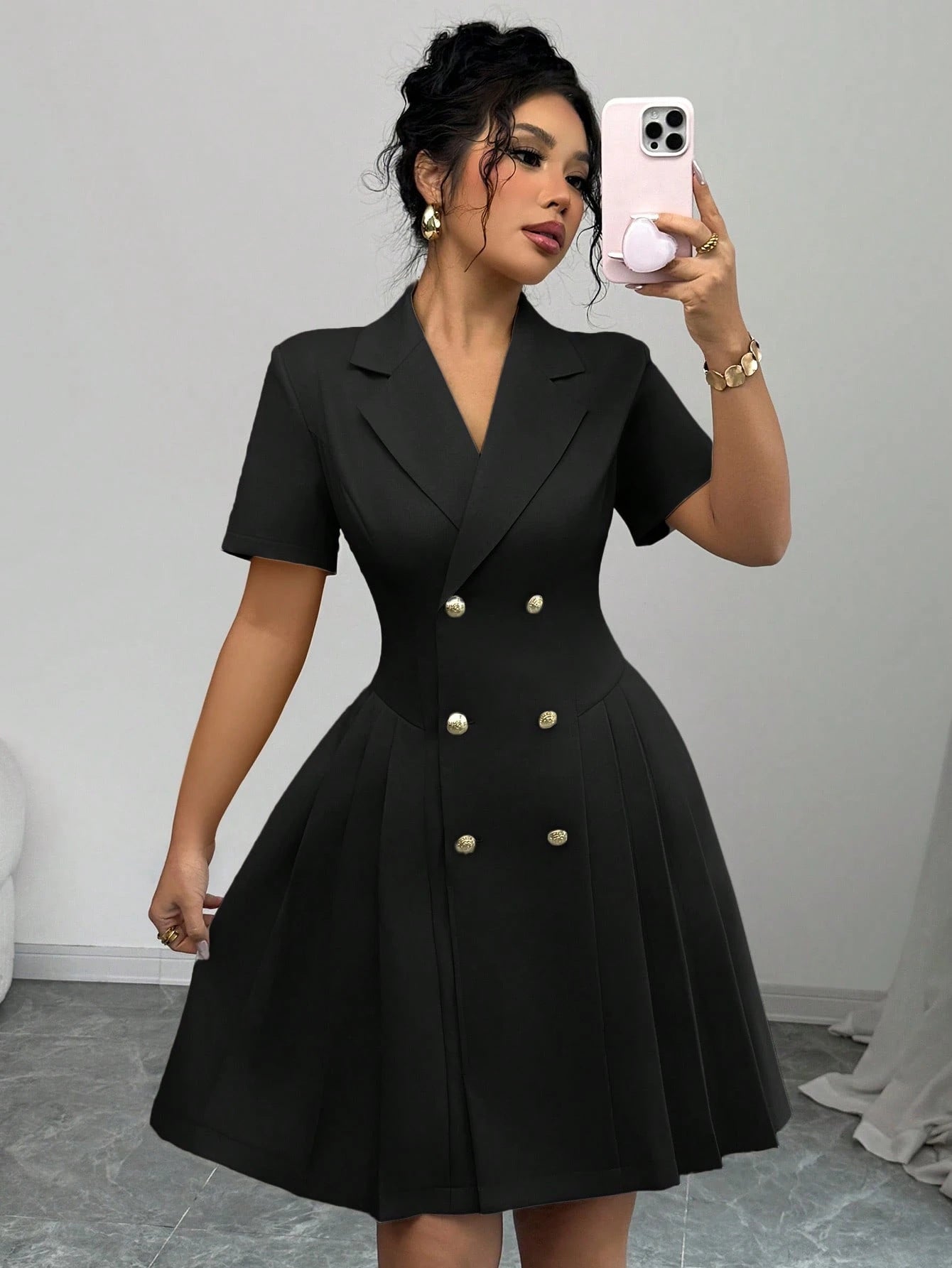 Blazer Dress with Short Sleeves, Double-Breasted Buttons, and Pleated Skirt