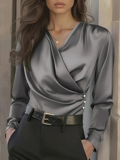 Satin-Look Long Sleeve Blouse with Draped Wrap Front