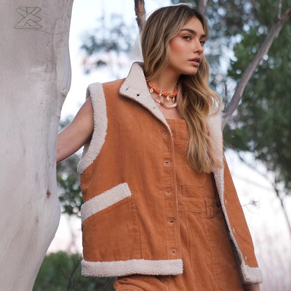 Corduroy Button-Front Vest with Sherpa Trim
