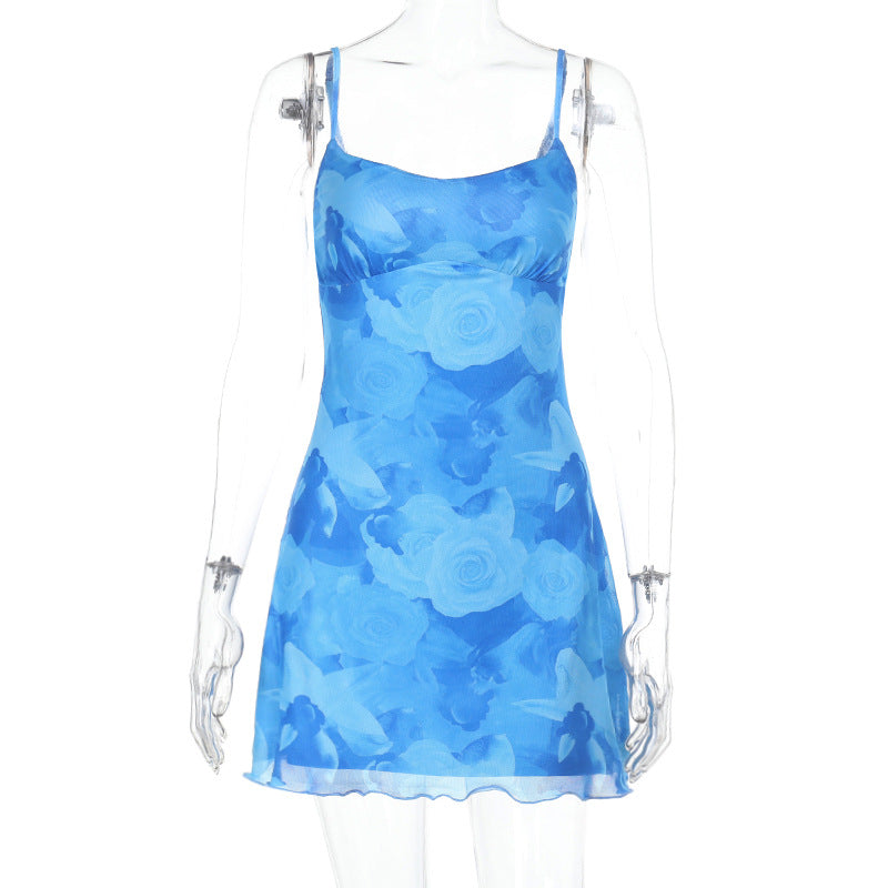 Floral Mesh A-Line Mini Dress with Spaghetti Straps