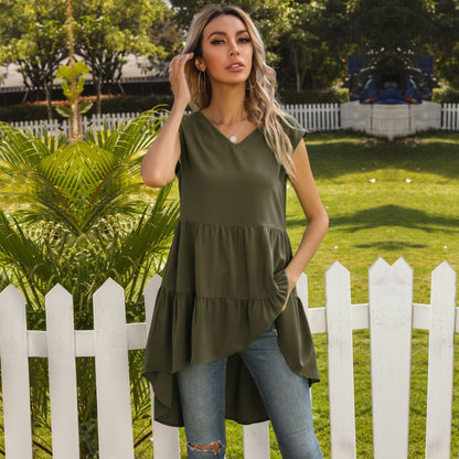 Sleeveless Tiered Dress with V-Neck and Ruffled High-Low Hem
