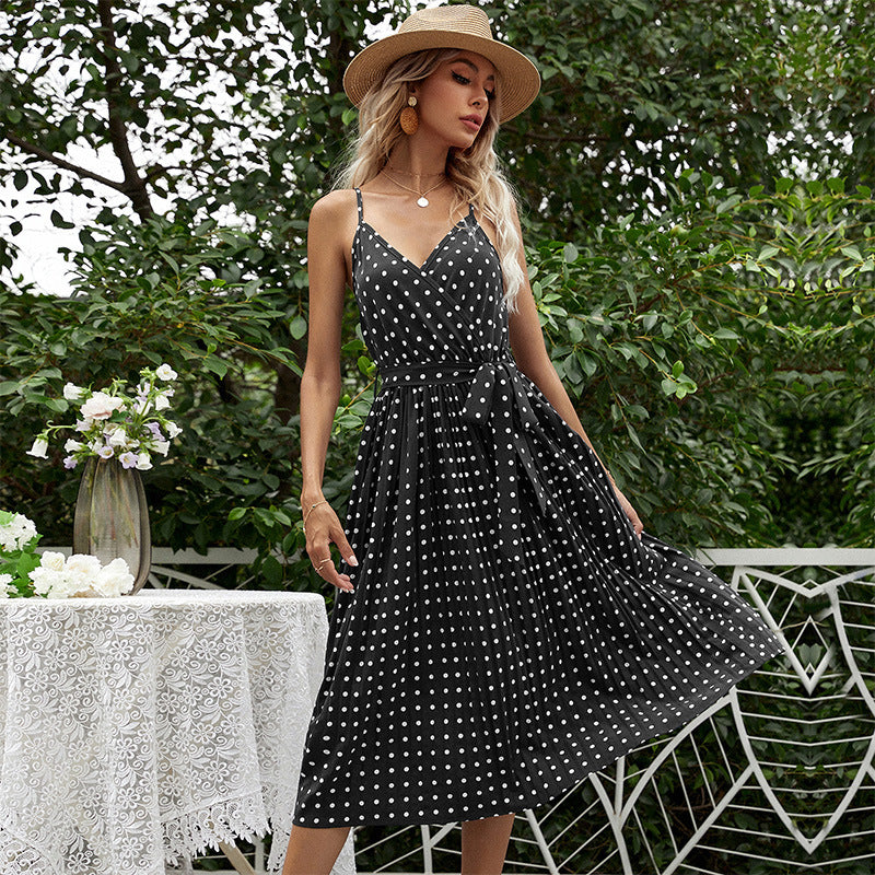 Polka Dot Pleated Midi Dress with Spaghetti Straps and Tie-Waist