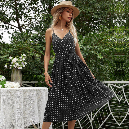Polka Dot Pleated Midi Dress with Spaghetti Straps and Tie-Waist