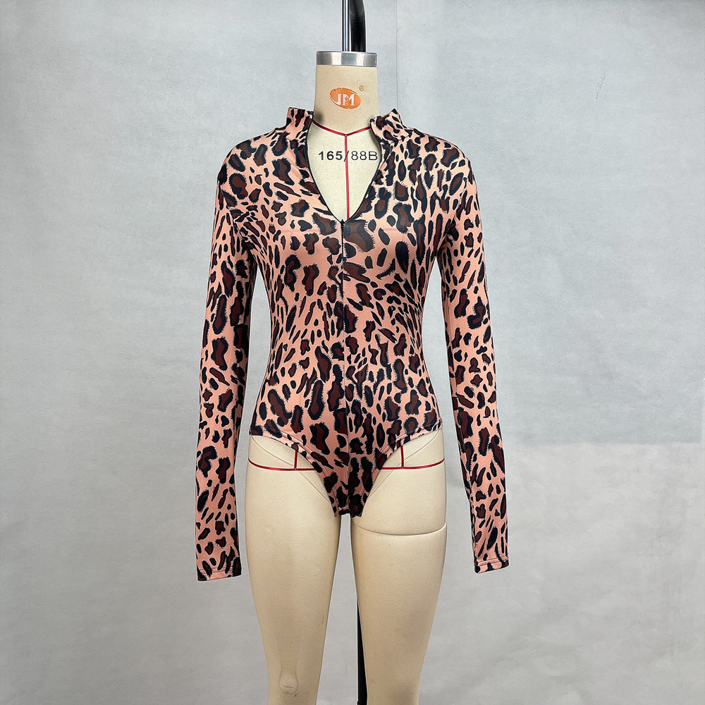 Leopard Print Long Sleeve Jumpsuit Mid-Rise Tight Fit