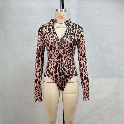Leopard Print Long Sleeve Jumpsuit Mid-Rise Tight Fit