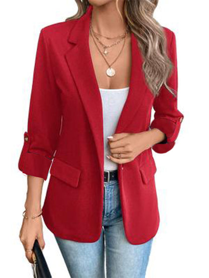 Solid Blazer with Notched Lapel and Rolled Sleeves