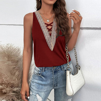 Loose Tank Top with Lace Trim and Criss-Cross V-Neck