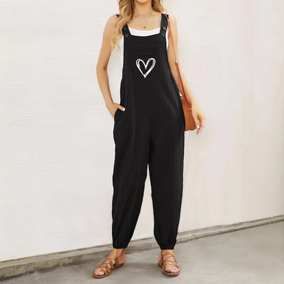 Relaxed Fit Overalls with Adjustable Straps and Heart Graphic