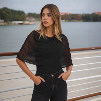 Solid Color Top with Draped Mesh and Ruched Sleeves