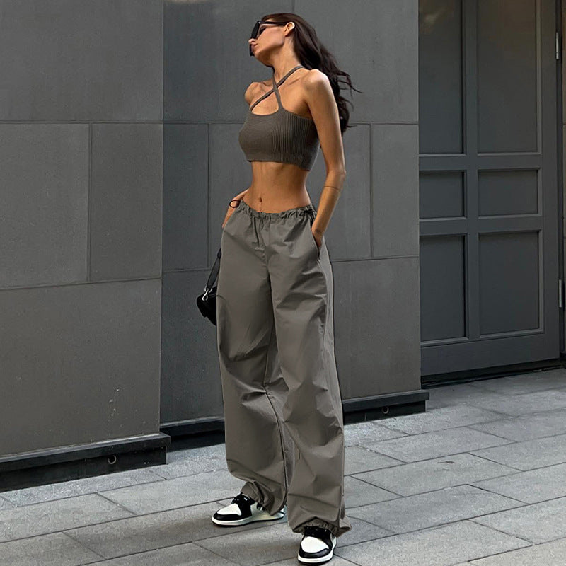 Loose Parachute Trousers with Drawstring Waist and Cuffs