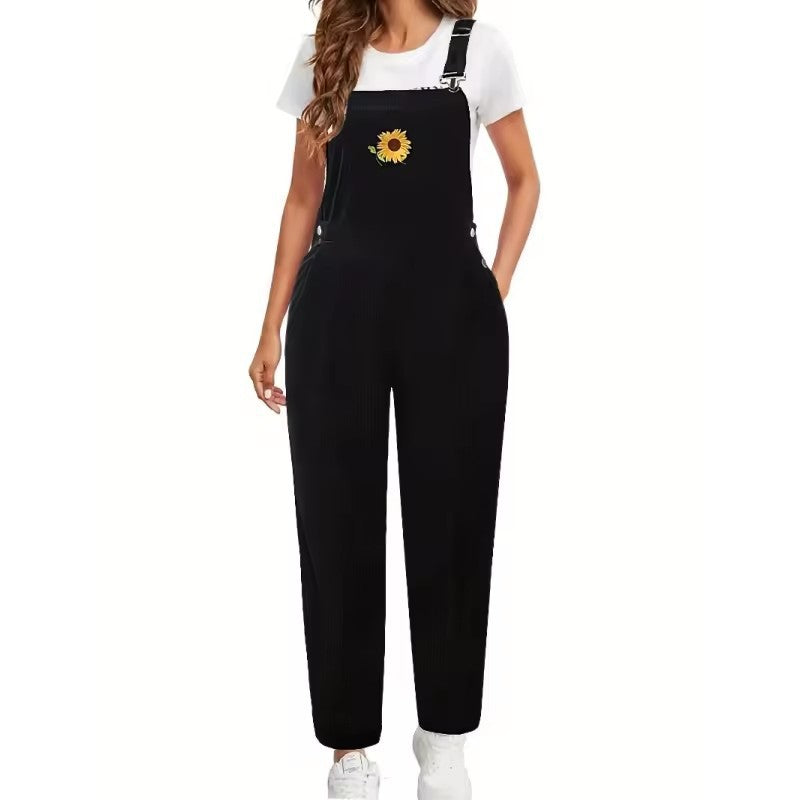 Loose Fit Corduroy Overalls with Embroidered Sunflower
