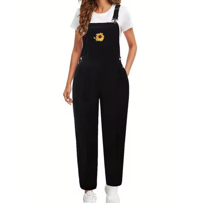 Loose Fit Corduroy Overalls with Embroidered Sunflower