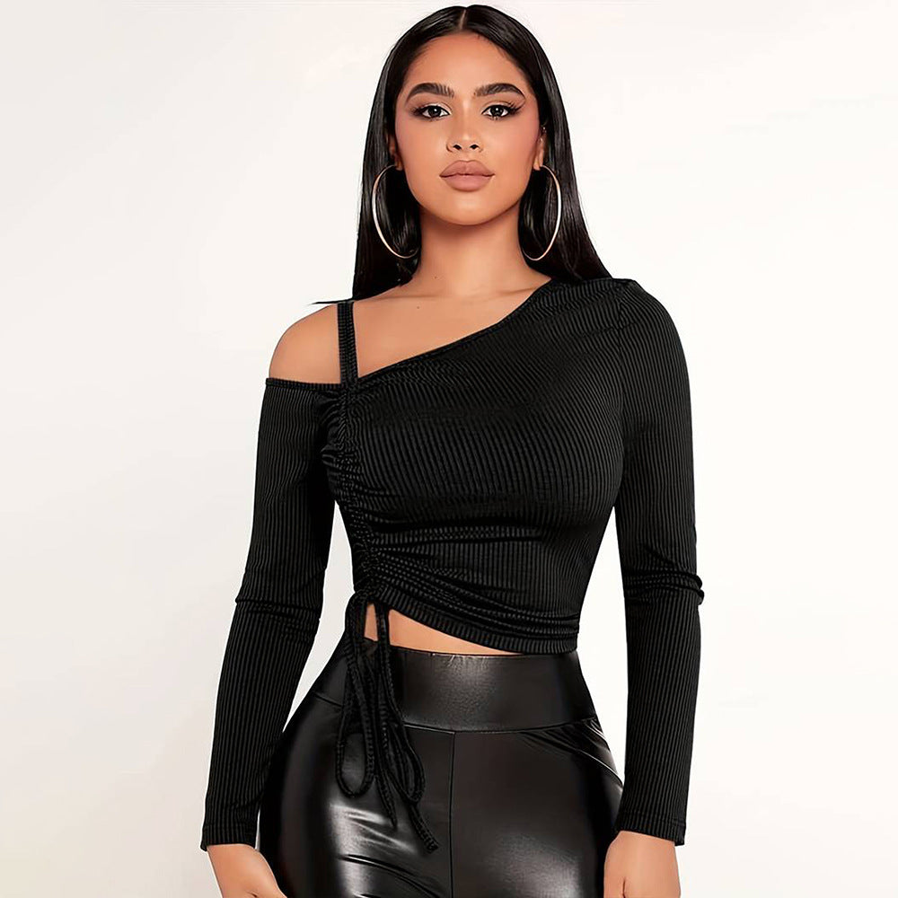 Ribbed Long Sleeve Top with Asymmetrical Neck and Ruched Side