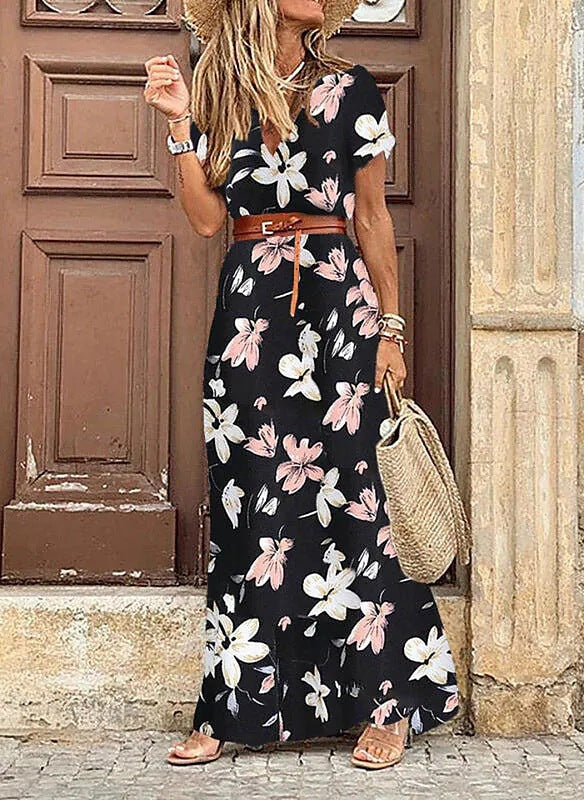 Floral Print Maxi Dress with V-Neck and Belt