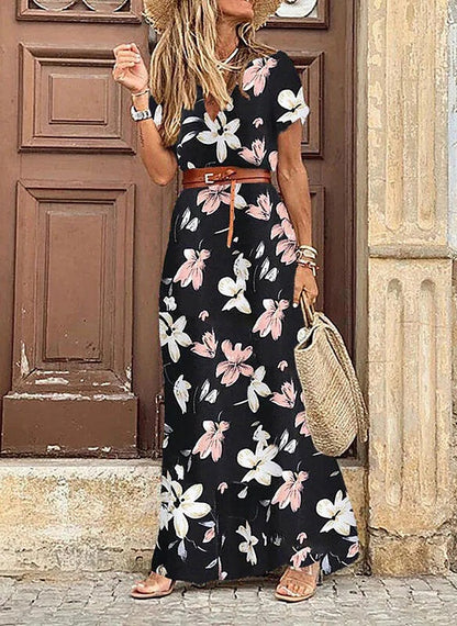 Floral Print Maxi Dress with V-Neck and Belt