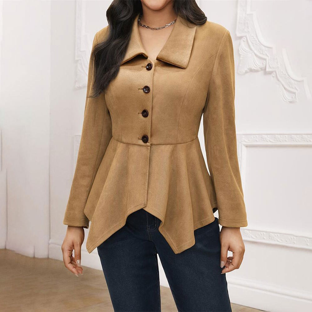Faux Suede Peplum Jacket with Lapel and Irregular Hem