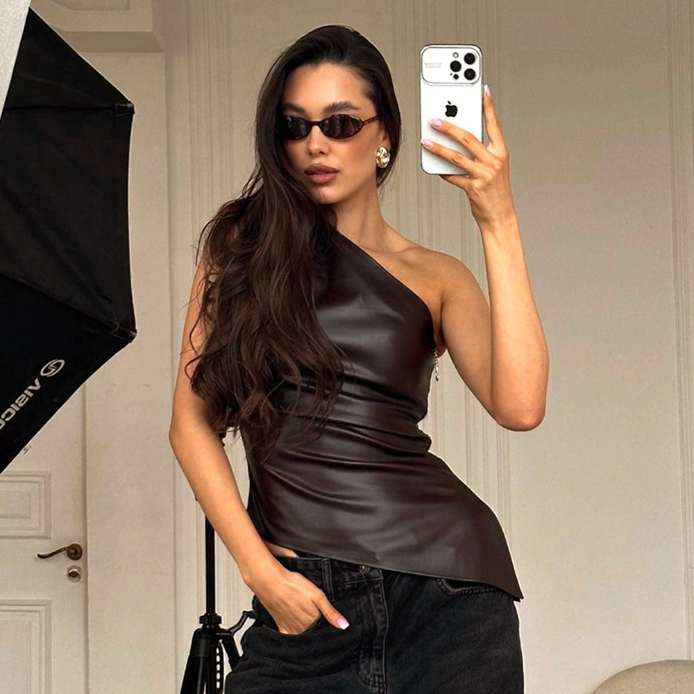 Sleeveless One-Shoulder Slant Collar Top Solid Color