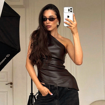 Sleeveless One-Shoulder Slant Collar Top Solid Color