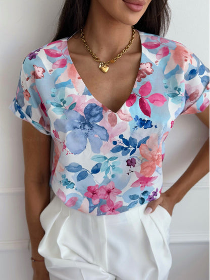 Loose Floral Print Blouse with V-Neck and Short Sleeves