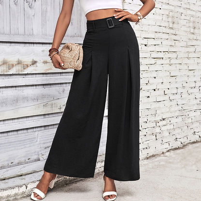 Draped Wide-Leg Trousers with Belted High Waist