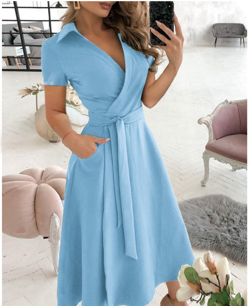 Solid Wrap Midi Dress with Collared V-Neck and Tie-Waist