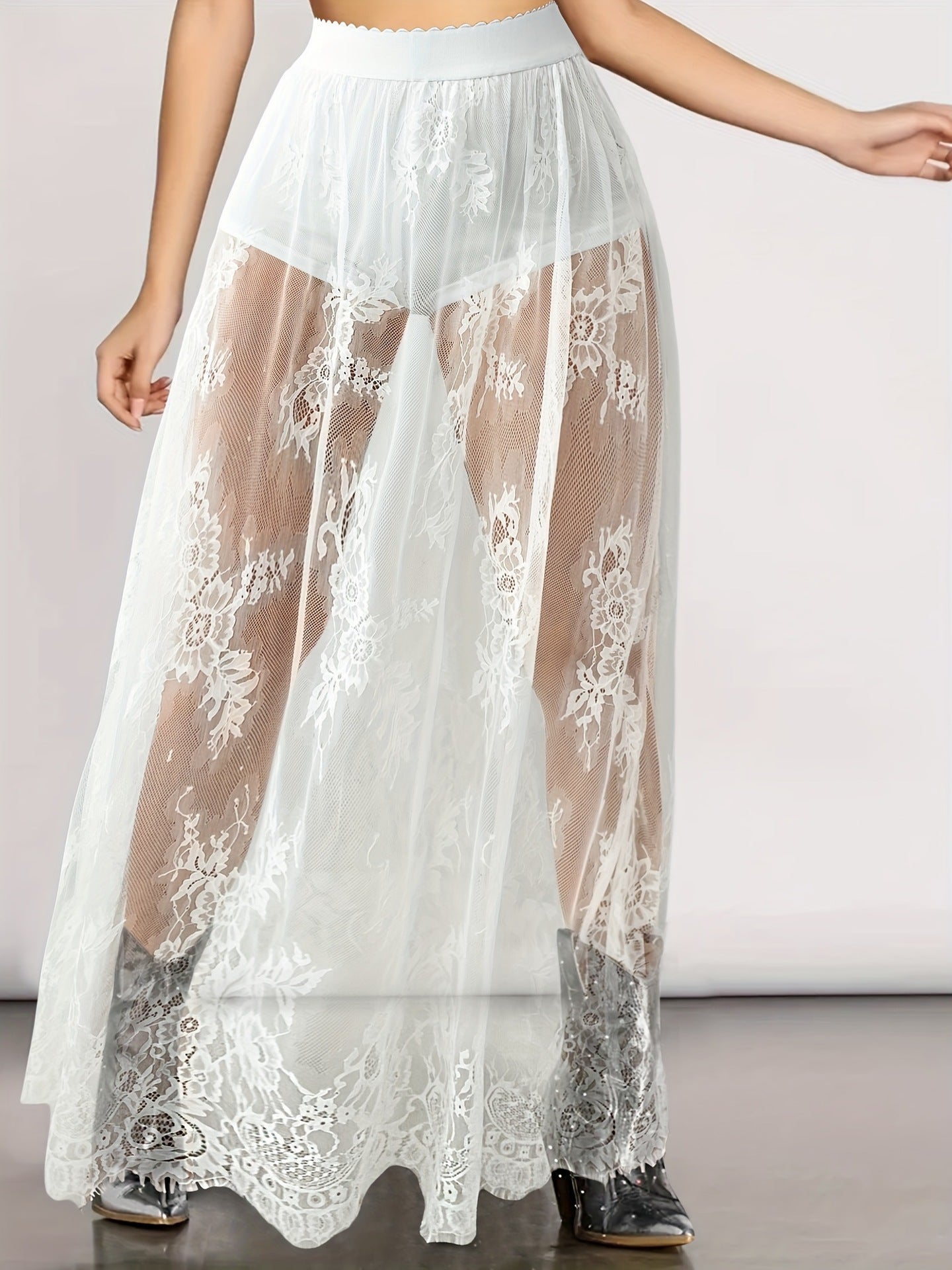 High-Waist Sheer Mesh Maxi Skirt with Floral Lace Trim