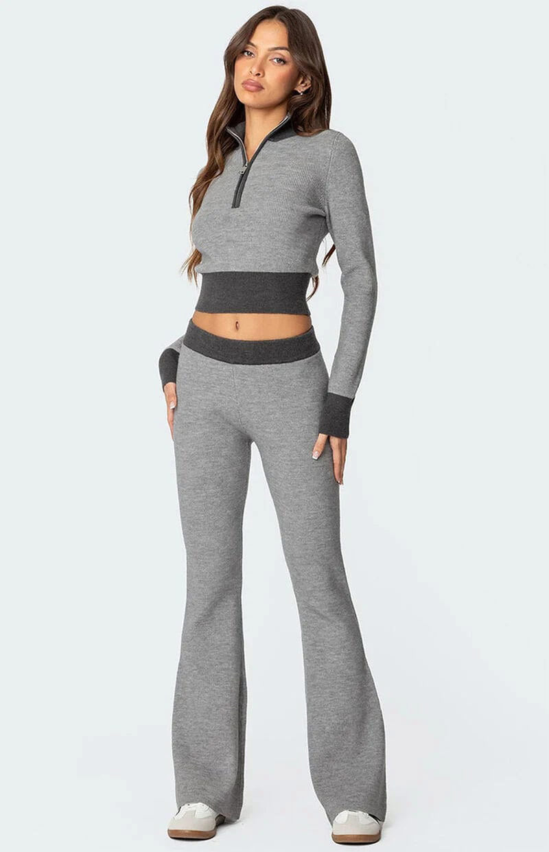 Ribbed Color-Block Flared Pants with Contrast Waistband