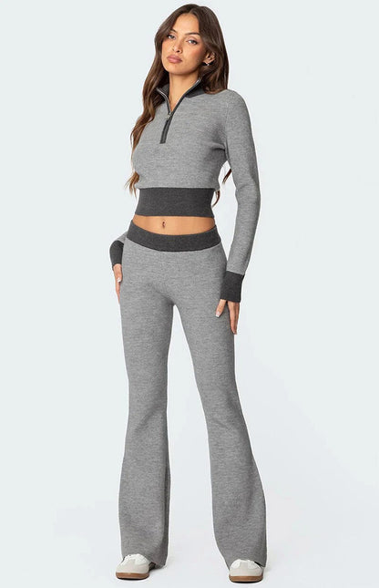 Ribbed Color-Block Flared Pants with Contrast Waistband