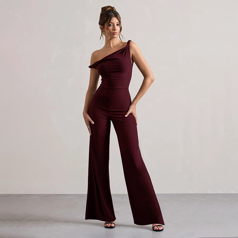 Sleeveless Slant Shoulder Lace-Up Trousers Black, Brown, Burgundy