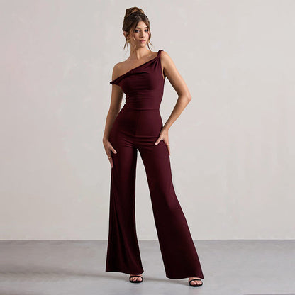 Sleeveless Slant Shoulder Lace-Up Trousers Black, Brown, Burgundy