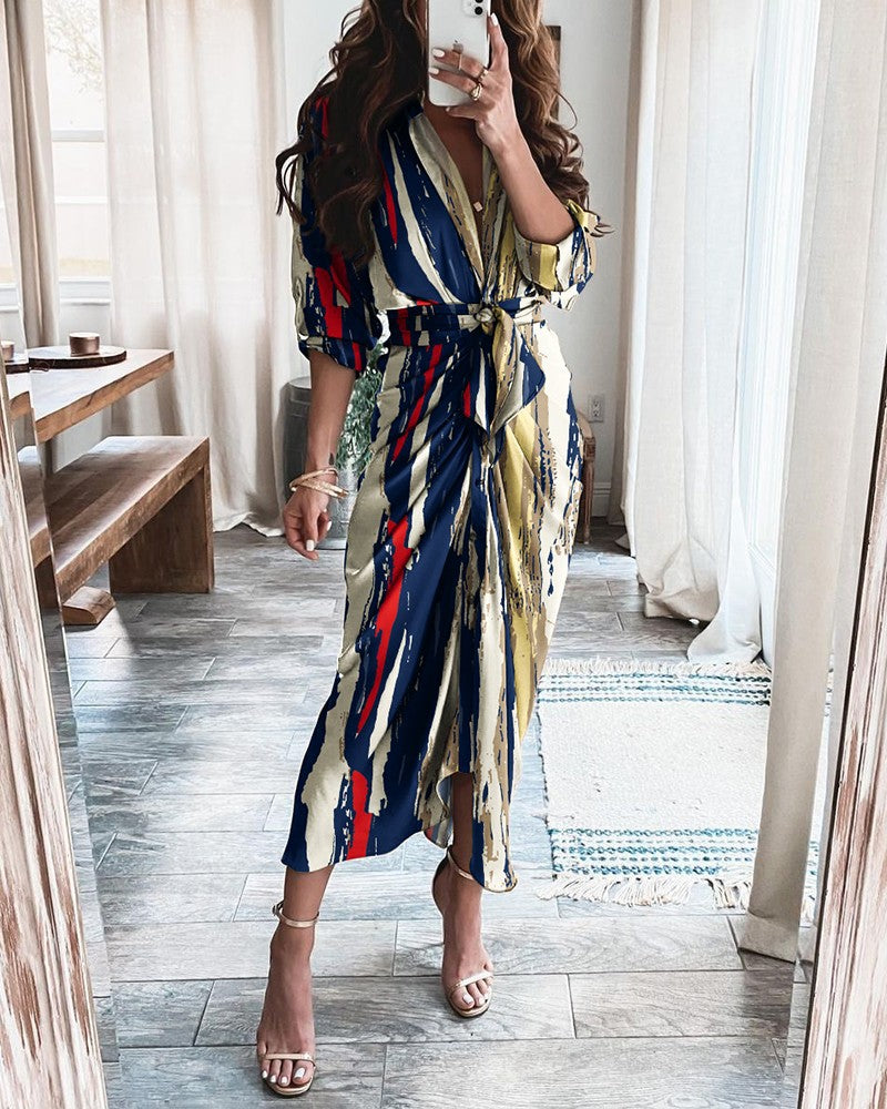 Striped Long Sleeve Midi Dress with V-Neck and Tie-Waist