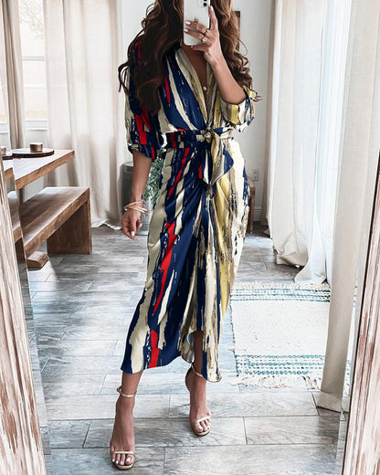 Striped Long Sleeve Midi Dress with V-Neck and Tie-Waist