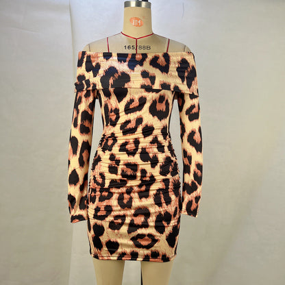 Leopard Print Off-the-Shoulder Bodycon Dress with Long Sleeves