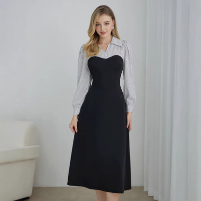 Striped A-Line Midi Dress with Sweetheart Neckline and Shirt Bodice