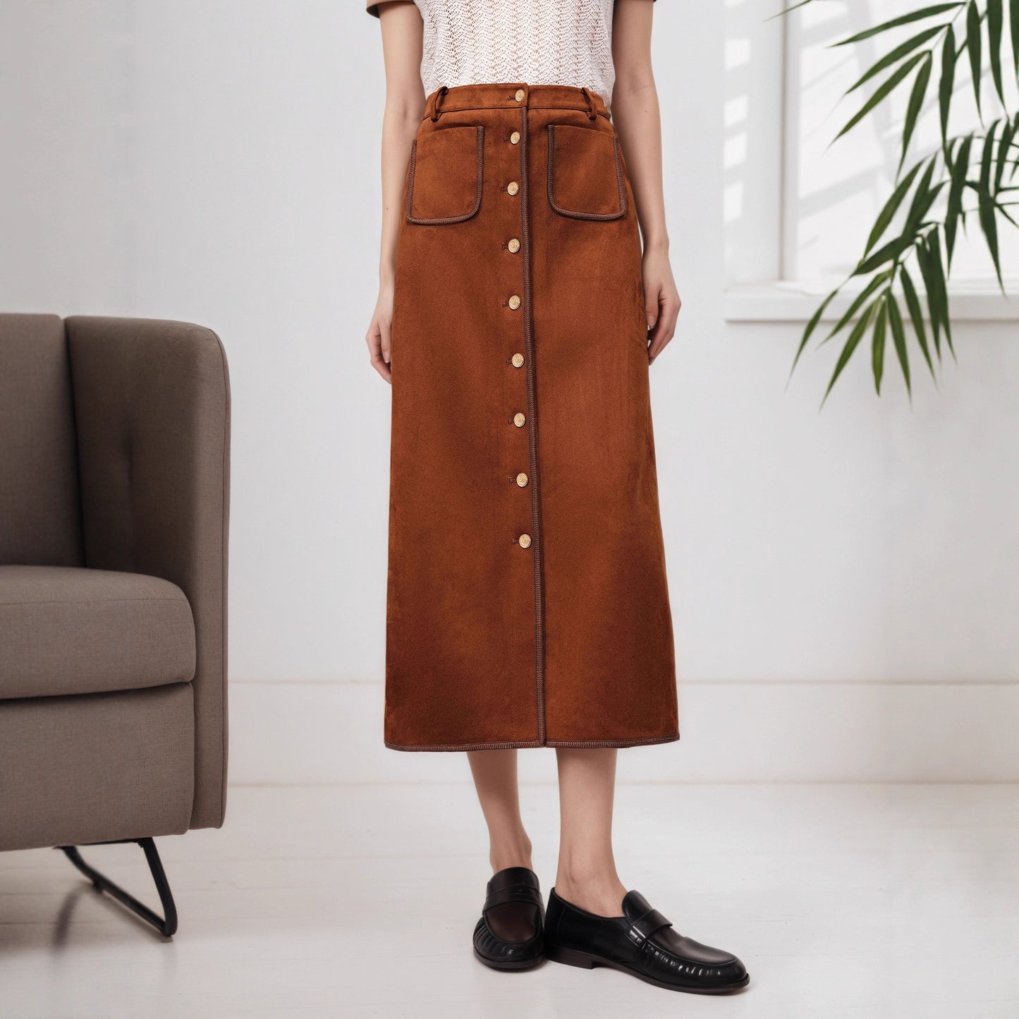High-Waist Suede Midi Skirt with Button Front and Patch Pockets