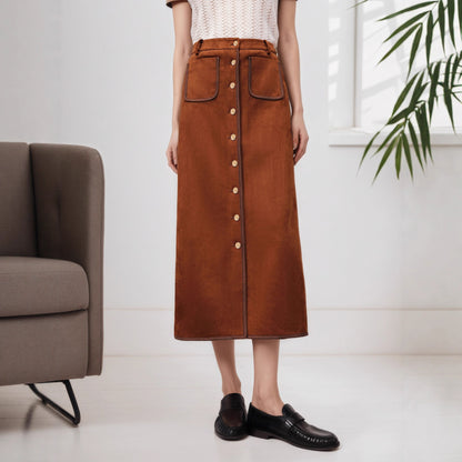High-Waist Suede Midi Skirt with Button Front and Patch Pockets