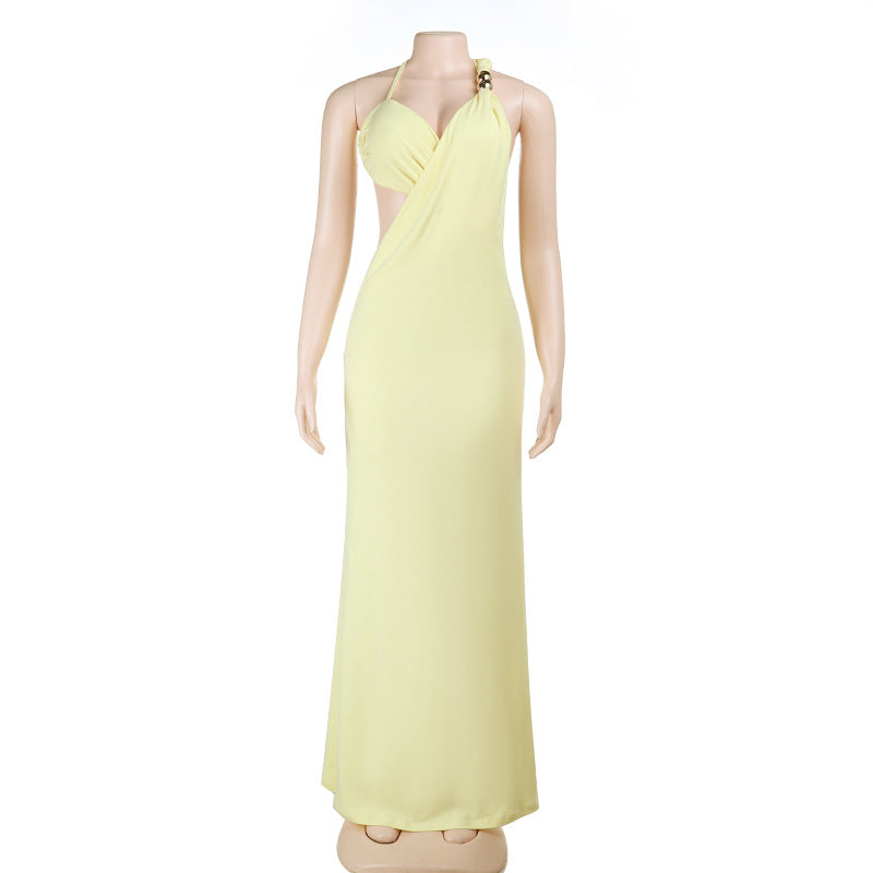 One-Shoulder Sheath Maxi Dress with Side Cutout and Ring Detail