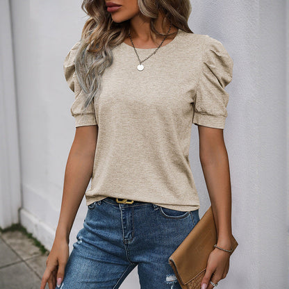 Slim Fit Solid T-Shirt with Round Neck and Puff Sleeves